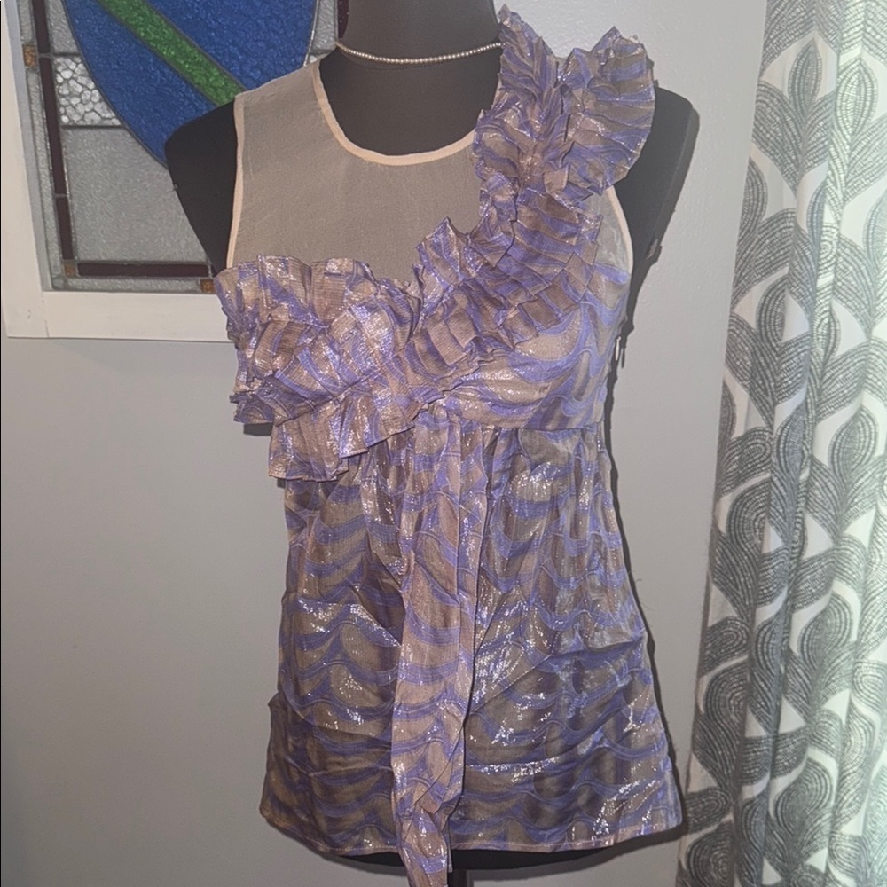 Tracy Reese New York Silk Metallic Ruffle Sleeveless Top
